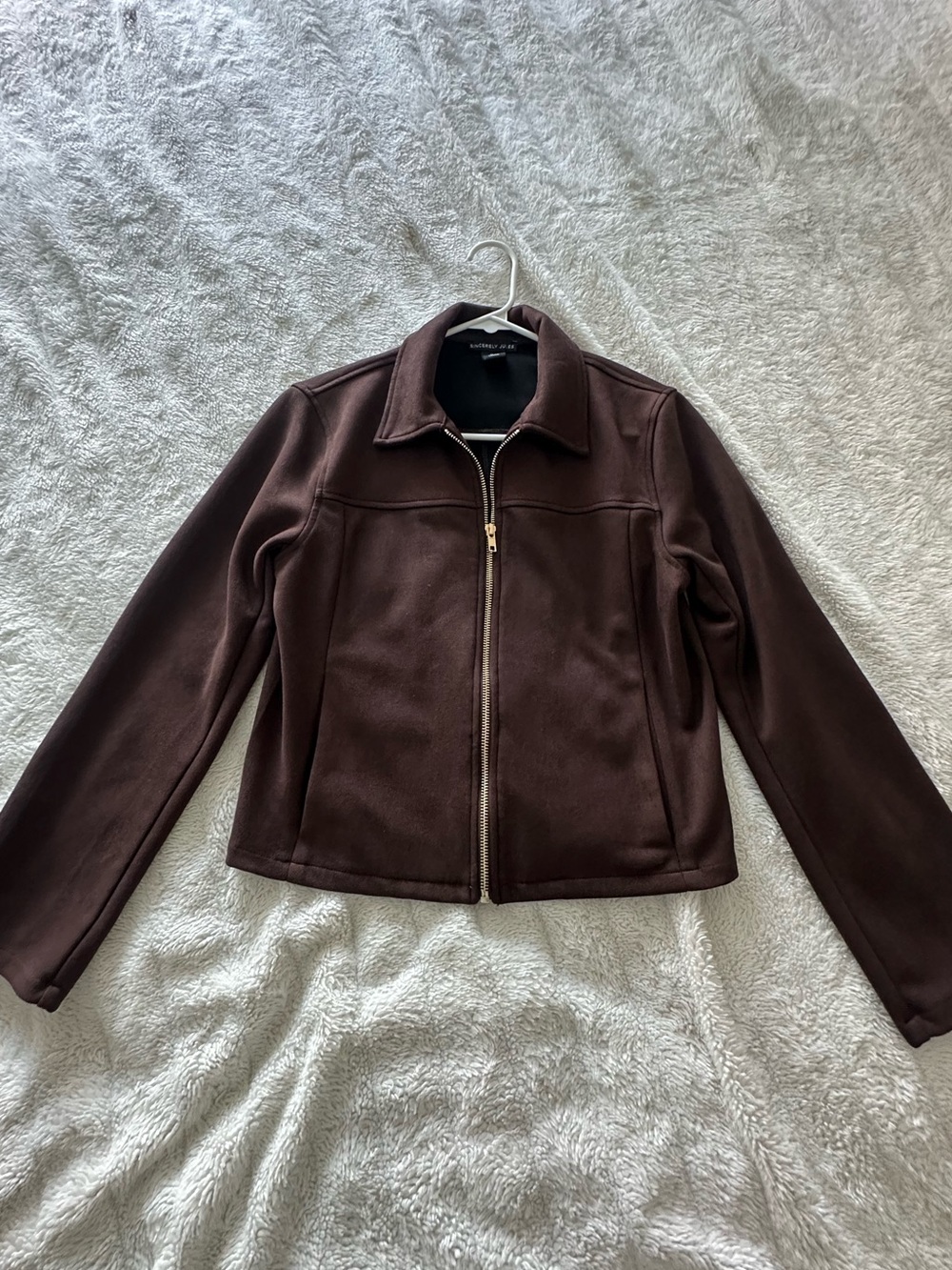 Sincerely Jules Suede Chocolate Brown Gold Zip-Front Jean Jacket